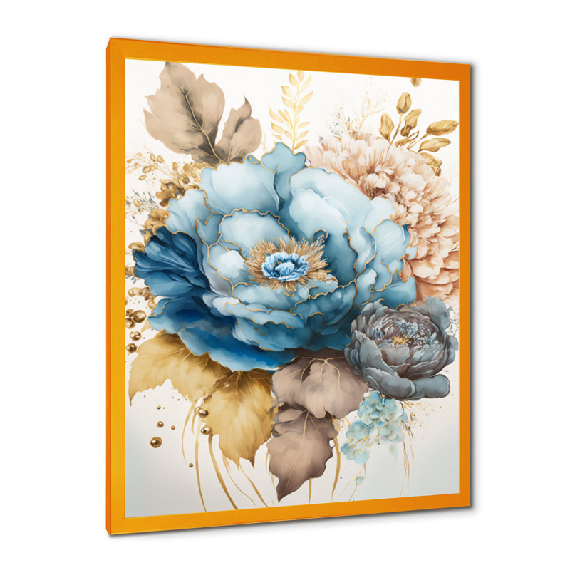 «Natashia Golden Blue Flower Arrangement III», reproduction sur toile, Impression dorée sur toile encadrée