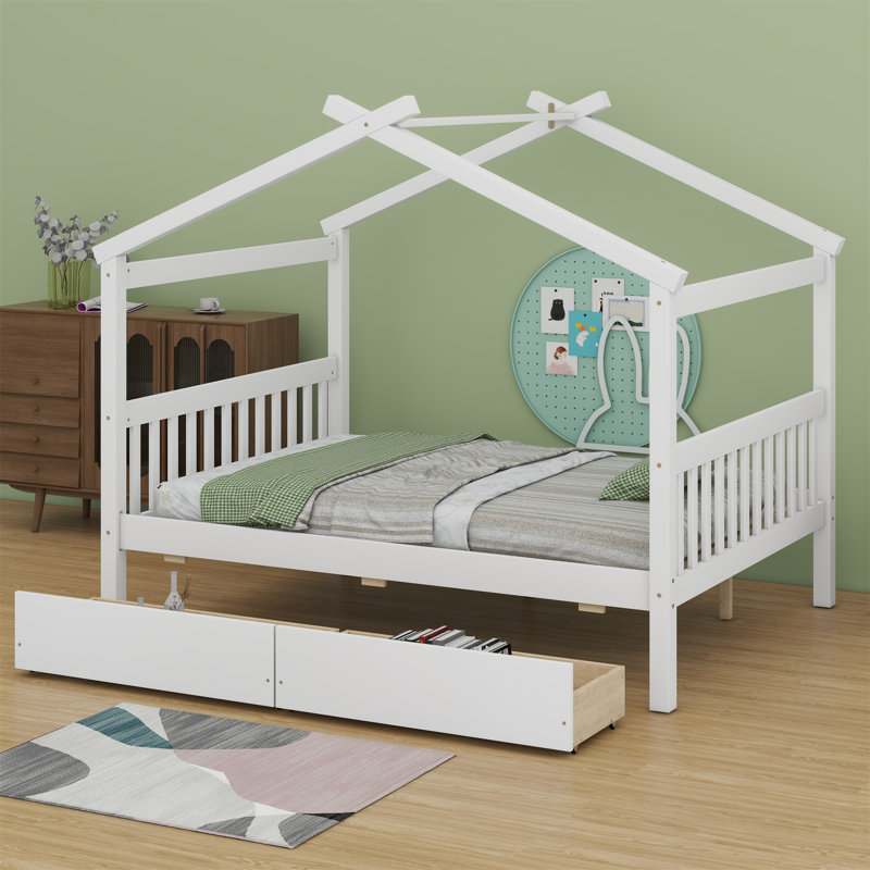 Lit en bois avec tiroirs, Blanc