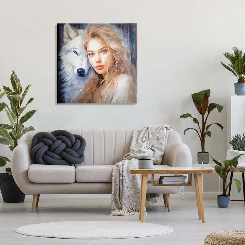 Femme avec loup blanc sur toile par Lena Owens, H 30 po x l 30 po x P 1,5 po