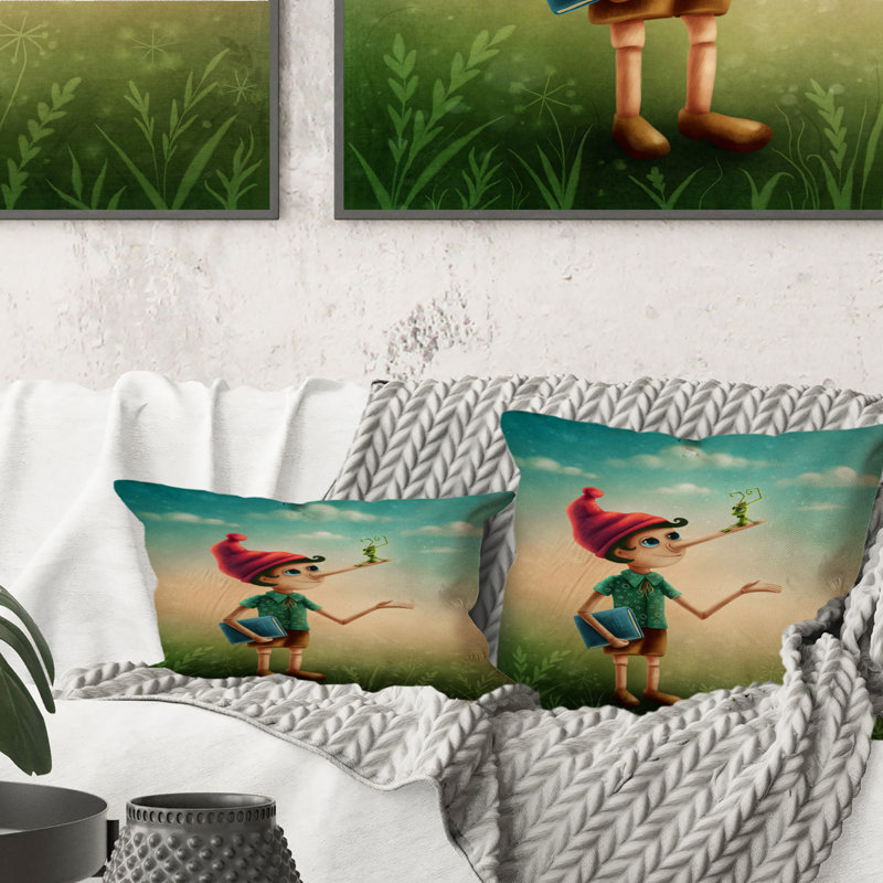 Pinocchio avec personnage de conte de fées à long nez - Coussin décoratif pour enfants, 16 po x 16 po