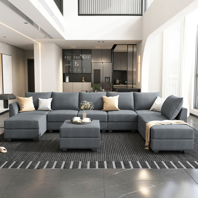 Tremee U-shaped Modular Sectional Sofa with Chaise, Bluish Gray Polyester