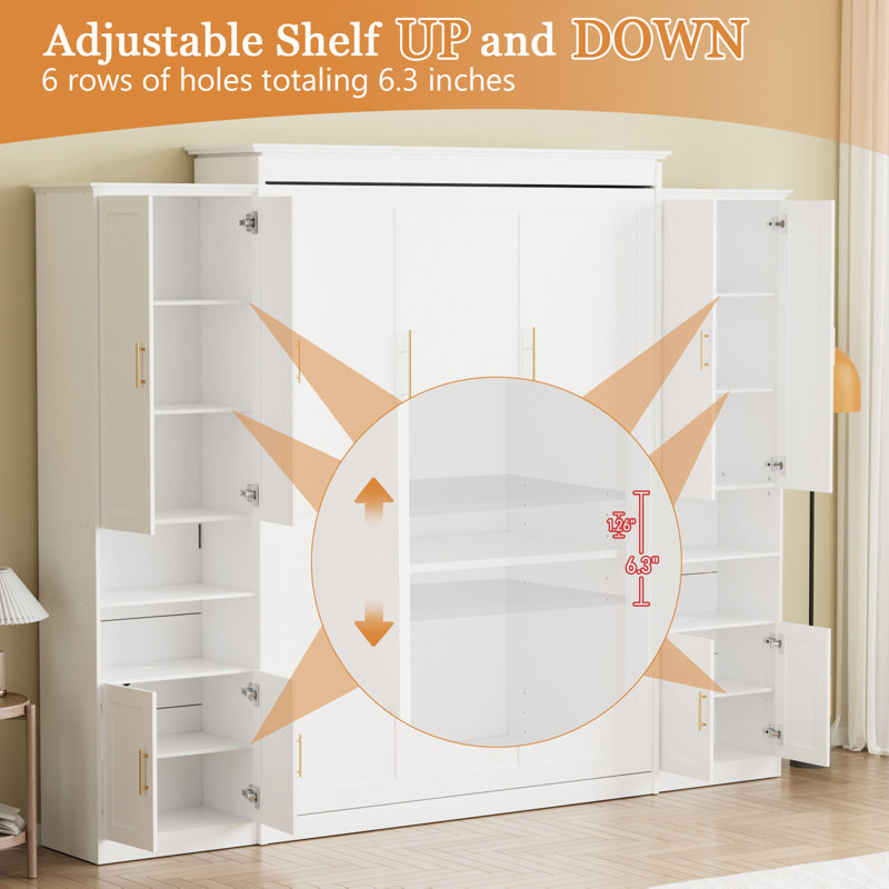 Murphy Bed With Storage Cabinet Shelves, Full Wall Bed And USB Port, White, Full