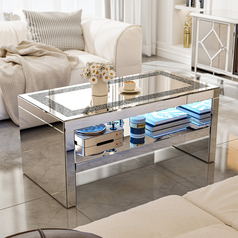 Table basse en miroir avec panneau en cristal, table basse rectangulaire en verre avec 2 niveaux pour le salon