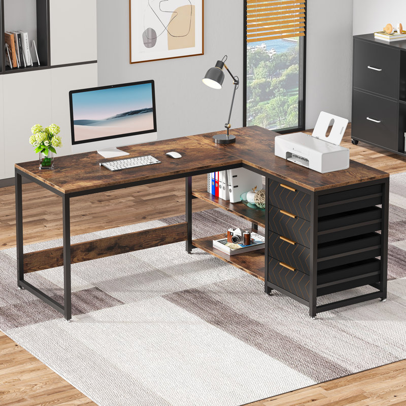 L-Shaped Computer Desk, Brown/Black
