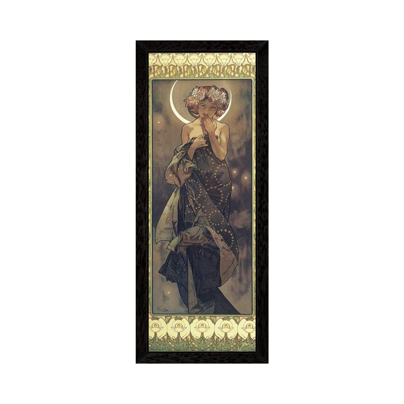 The Moon And The Stars: The Moon, 1902 by Alphonse Mucha - Painting on Canvas, 30.48 cm H x 91.44 cm W, Black Framed