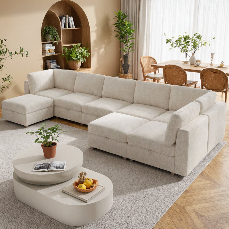 Canapé modulaire de 132 po avec rangement, canapé convertible 8 places en tissu avec housses amovibles, ensemble de canapé pliant multifonctionnel avec repose-pieds, canapé-lit en U pour le salon