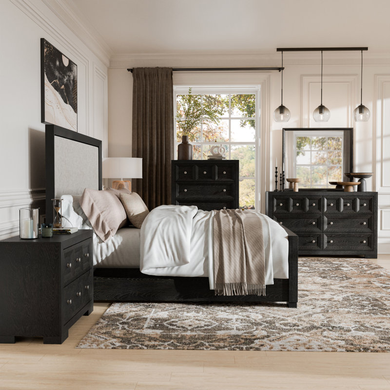 Ensemble de chambre à coucher 6 pièces Schell, Grand lit, Noir, 6 Pcs: Bed, 2 Nightstands, 2 Dressers, Mirror