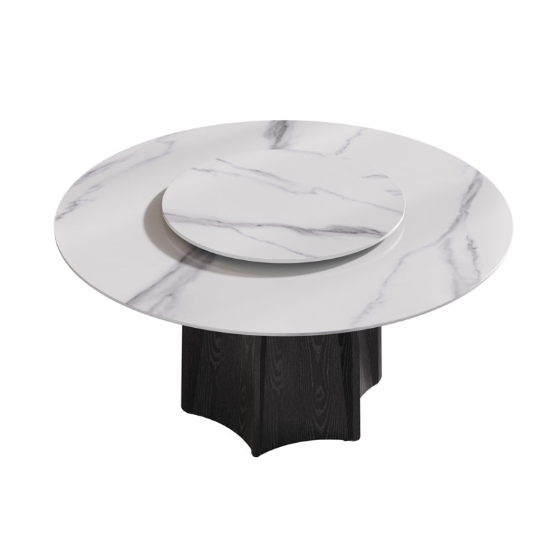 Table de salle à manger 59,05 po ronde en marbre avec base en bois massif texturé noir, marbre artificiel pour 6 à 8 personnes, table tournante en pierre artificielle blanche 31,5 po (table de salle à manger seulement)