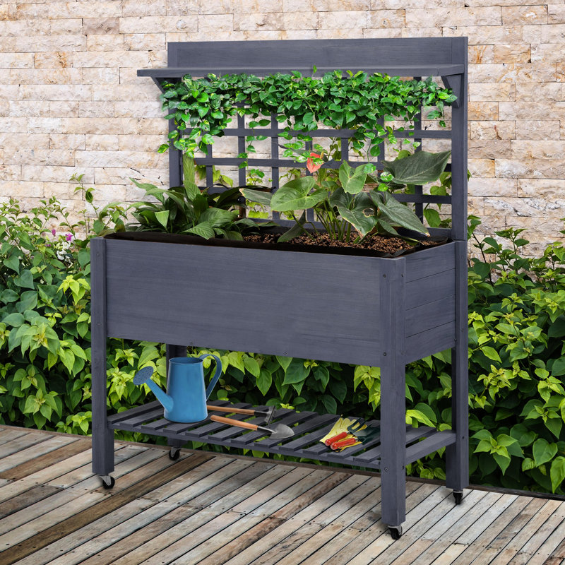 Raised Garden Bed With Trellis, 41" Wooden Elevated Planter For Pleasure, Gray Temptation