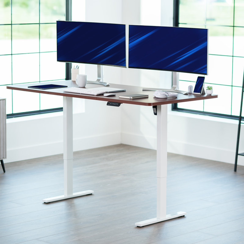 VIVO Motor Electric Desk with Push Button Memory Controller, Dark Walnut/White, 25.4'' H x 71" W x 36'' D