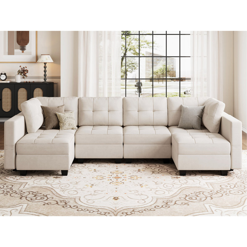Buckleton 116.6'' Wide Tufted Velvet Sectional Sofa Reversible Modular Couch with Storage Ottoman, Beige Velvet