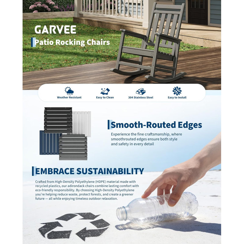 Poly Lumber Rocking Chair Outdoor Set of 2 with Side Table - Fauteuil Bercant HDPE High Back Porch Rocker Chairs for Adults - All Weather Resistant Furniture for Patio