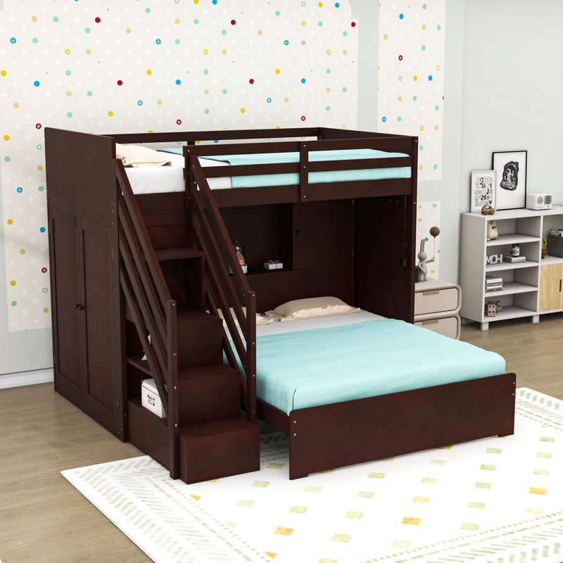 Lit simple superposé au dessus d'un lit double avec garde-robe intégrée, tablettes et escalier de rangement, Espresso