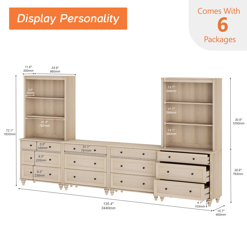 Scarlett Farmhouse TV Stand With Bookshelves For, Modern Entertainment Center With Storage, TV Console For Living Room, Bedroom