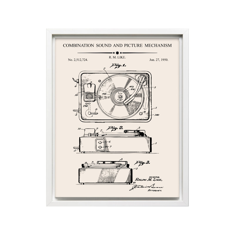 Schéma du tourne-disque, Canvas, 24"H x 32"W, White Framed