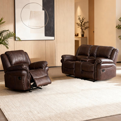 Manual Reclining Sofa Set with Dual Storage Console & Cup Holders, 2-Seater and Single Recliner Faux Leather Couch Set, Brown
