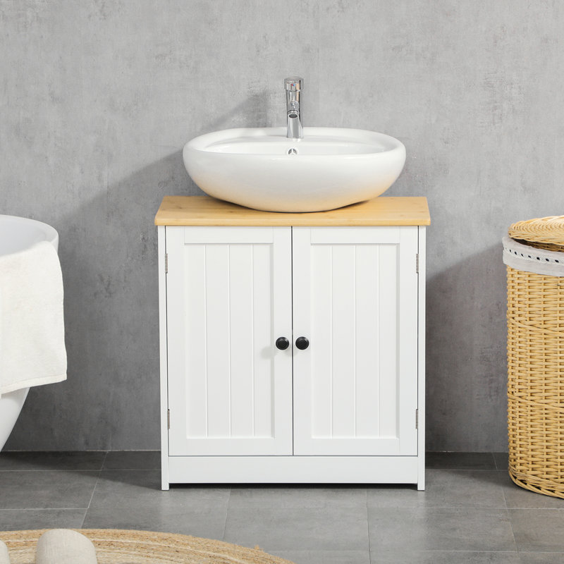 Armoire de rangement sous le lavabo, blanche avec portes doubles et tablette réglable pour meuble-lavabo mural à solution compacte