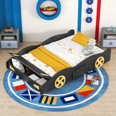 Lit plateforme pour voiture de course bleu foncé et jaune avec rangement et roues décoratives THALINA