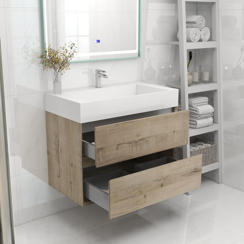 36" Wall Mounted Single Bathroom Vanity, White Oak
