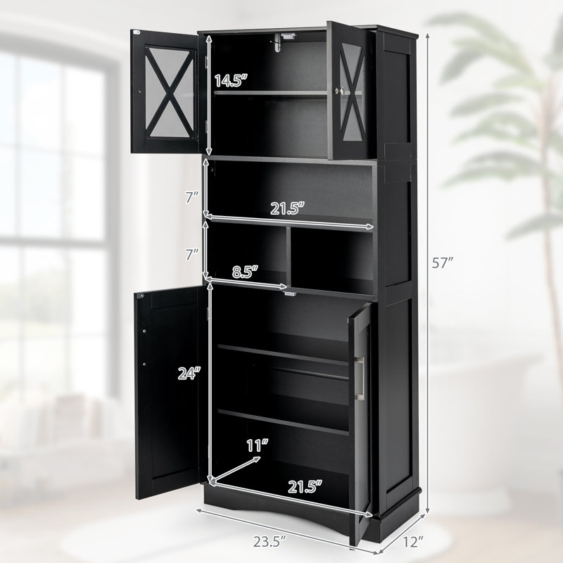57" Tall Bathroom Cabinet, Freestanding Storage Cabinet w/crylic Doors & Adjustable Shelves, Black