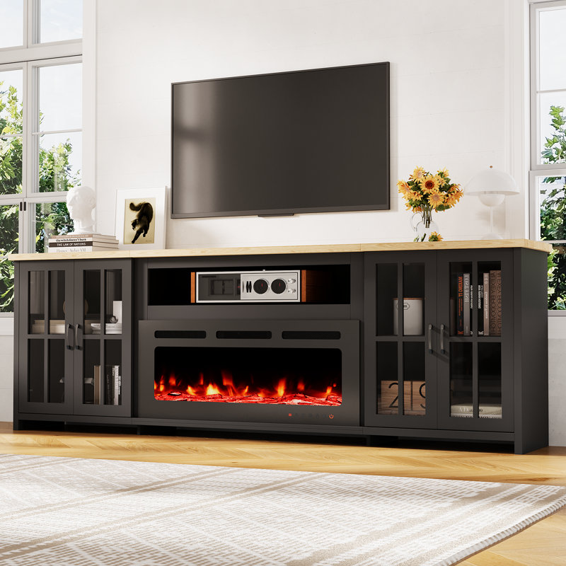  97" Fireplace Tv Stand With Electric Fireplace, Large Farmhouse Tv Stand Fortvs Up To 100", Led Lights & Adjustable Shelves, Entertainmentcenter For Living Room