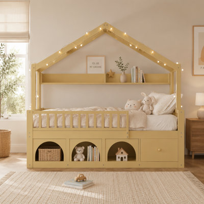 Cadre de lit double pour enfants, style plancher de lit Montessori avec toit, avec lumière DEL