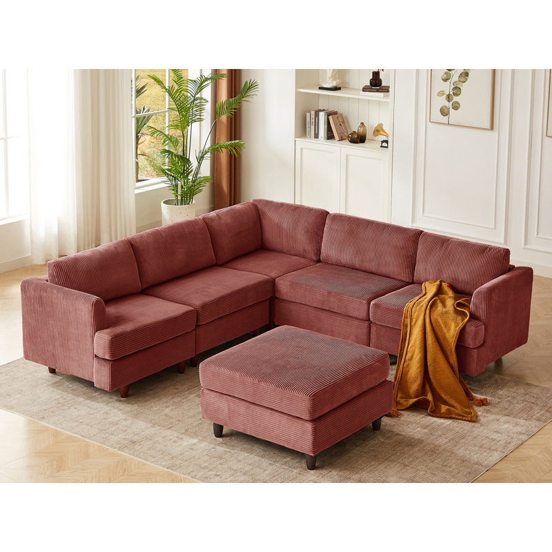 Canapé modulaire réversible 6 places en velours côtelé, Velours côtelé rouge