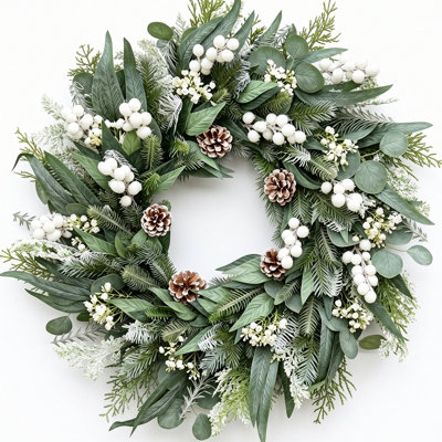 Christmas Wreaths for Front Door 24 Inch Artificial Christmas Wreath White Winter Wreath with Berries Pine Cones Pine Needles for Xmas Winter Holidays