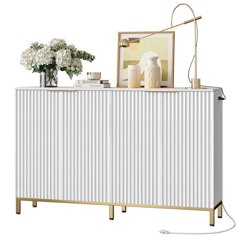 Bestier 55'' White Fluted Buffet Sideboard Cabinet with Power Outlet