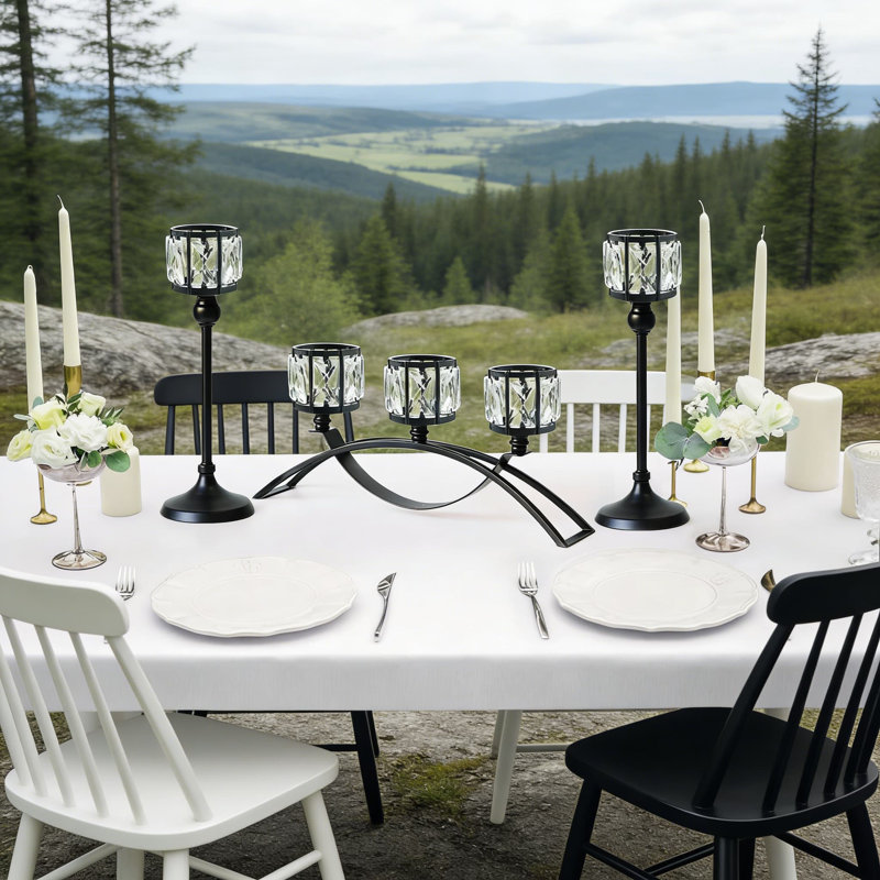 Black 3-Piece Crystal Candle Holder Set With Arched Candelabra And Candlesticks - Modern Tabletop Centerpiece For Wedding, Dining Room, And Home Decor