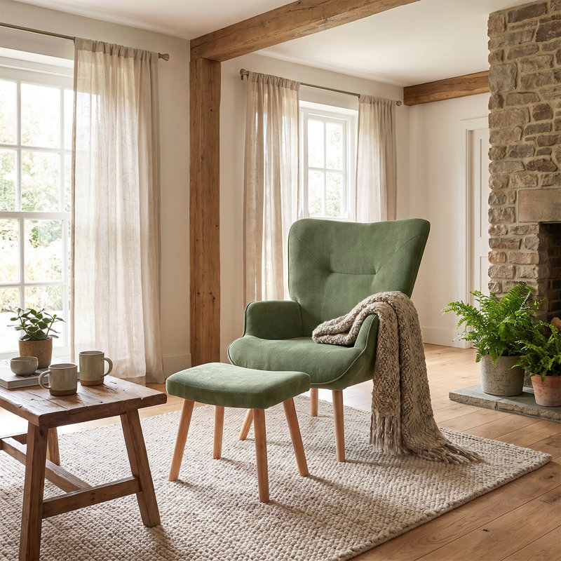 Upholstered Armchair With Footstool, Green Corduroy