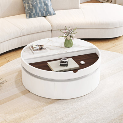 Table basse à plateau rond blanc avec 1 tiroir, 29,5 pouces, marbre et plateau en grain de bois pour une vie moderne
