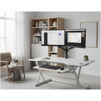  46 in. White Height Adjustable Standing Desk Converter with Double Monitor Mount and Deep Keyboard Tray