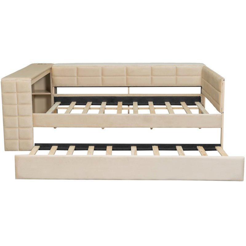 Beige Full Size Upholstered Bed With Storage Desk, 2 Standard Plug Outlets And Ports, Trundle For Holiday Visitors Platform In Storage, Charging Trundle, Suitable All Bedroom Styles