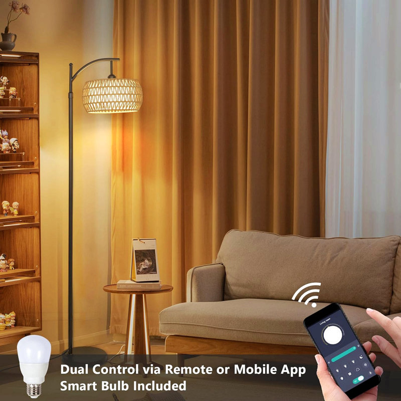 Arc Floor Lamp With Remote Control, Dimmable Led Floor Lamp With 3 Color Temperature, Black Standing Lamp With Rattan & Fabric Double Drum Shade, Boho Farmhouse Tall Pole Lamp For Living Room Bedroom