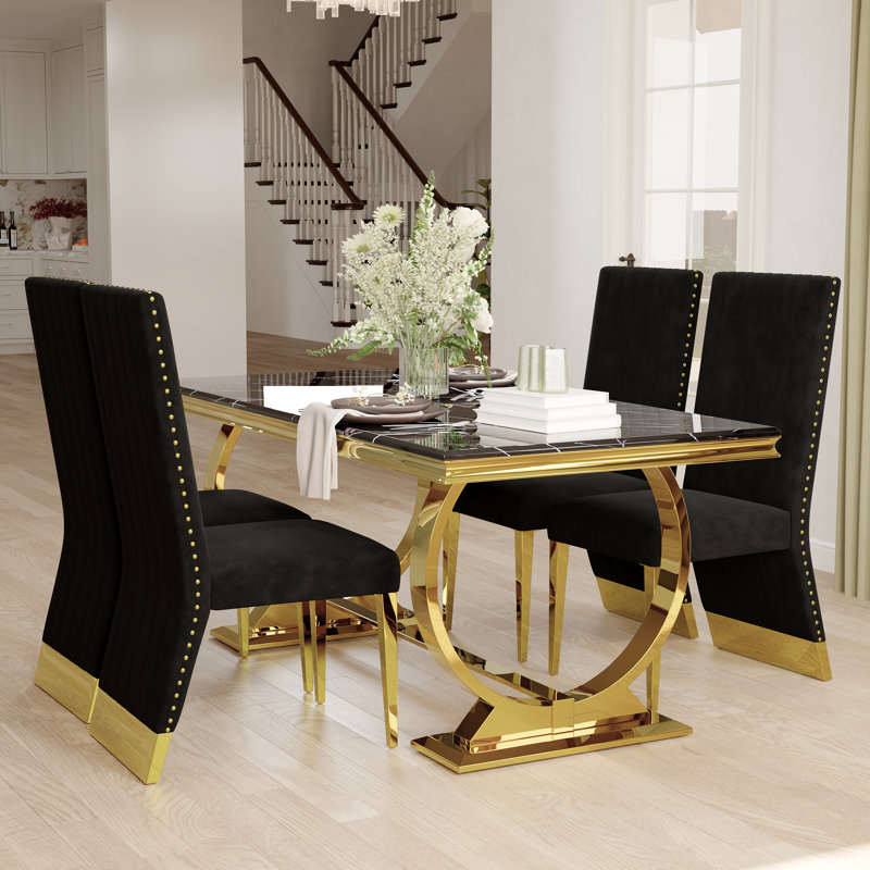 5 Piece Luxury And Stylish Dining Table Set With 4 Leather Dining Chairs, Black/Gold, Black, Gold