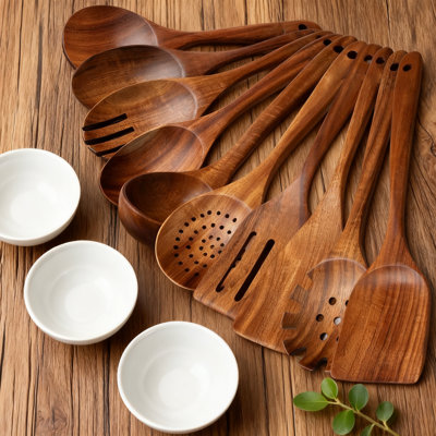 10-Piece Teak Wooden Utensil Set For Cooking - Heat Resistant, Non-Scratch Spoons And Spatulas For Nonstick Cookware, Smooth Finish, Comfort Grip, Durable Kitchen Tools