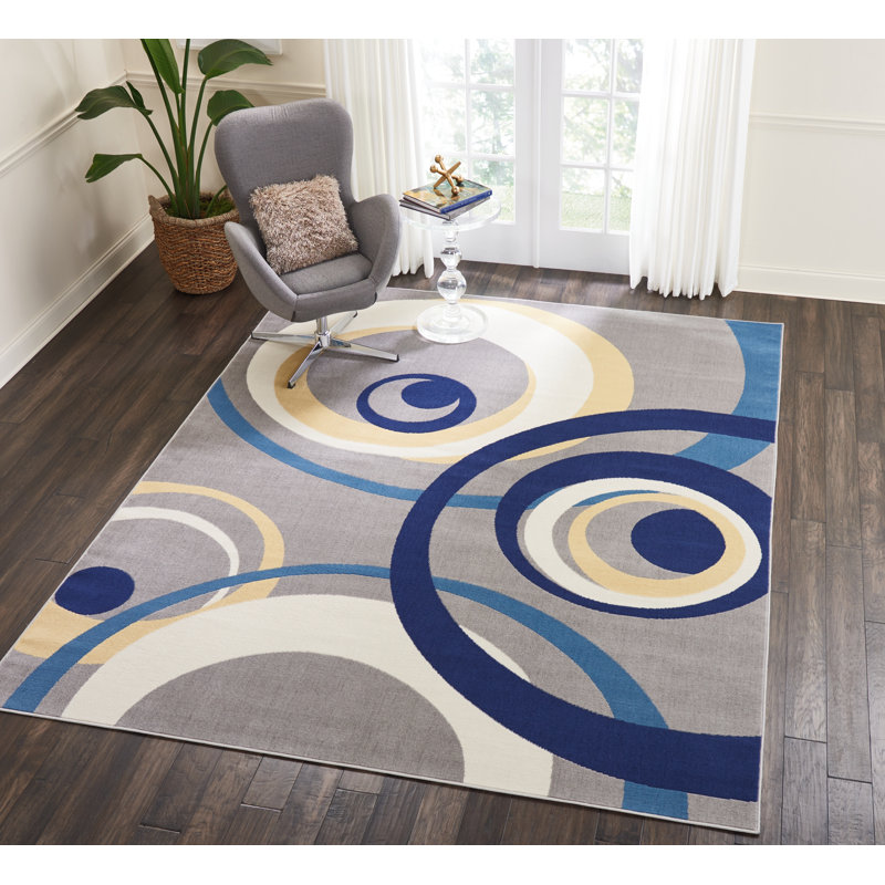 Tapis à motif géométrique gris / bleu Lindall, Rectangle 7 pi 10 po x 9 pi 10 po