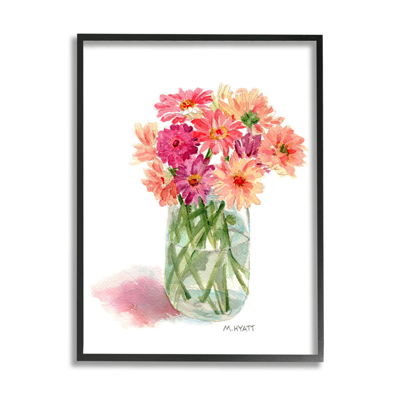 Bouquet d'aquarelles roses en pot en conserve, H 14 po x l 11 po, Giclée encadrée noir minuit