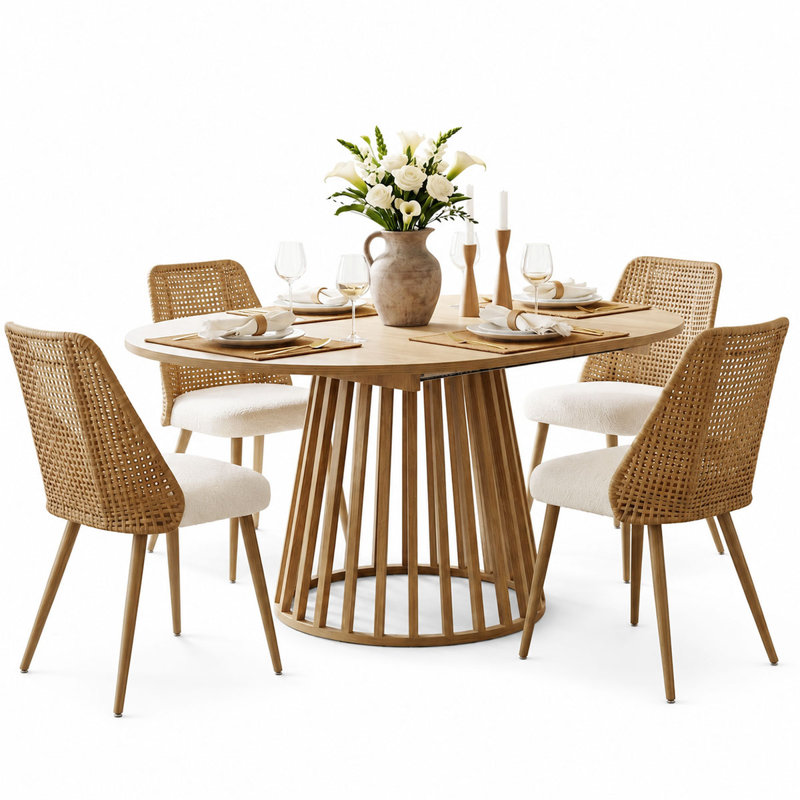 4- Person Dining Table Sets With Extendabe Oval Table & 4 Upholstered Rattan Back Chairs,  5 Pieces: Table, 4 Chairs