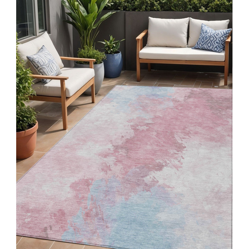 Tapis intérieur lavable abstrait ivoire et bleu 5 pi x 8 pi