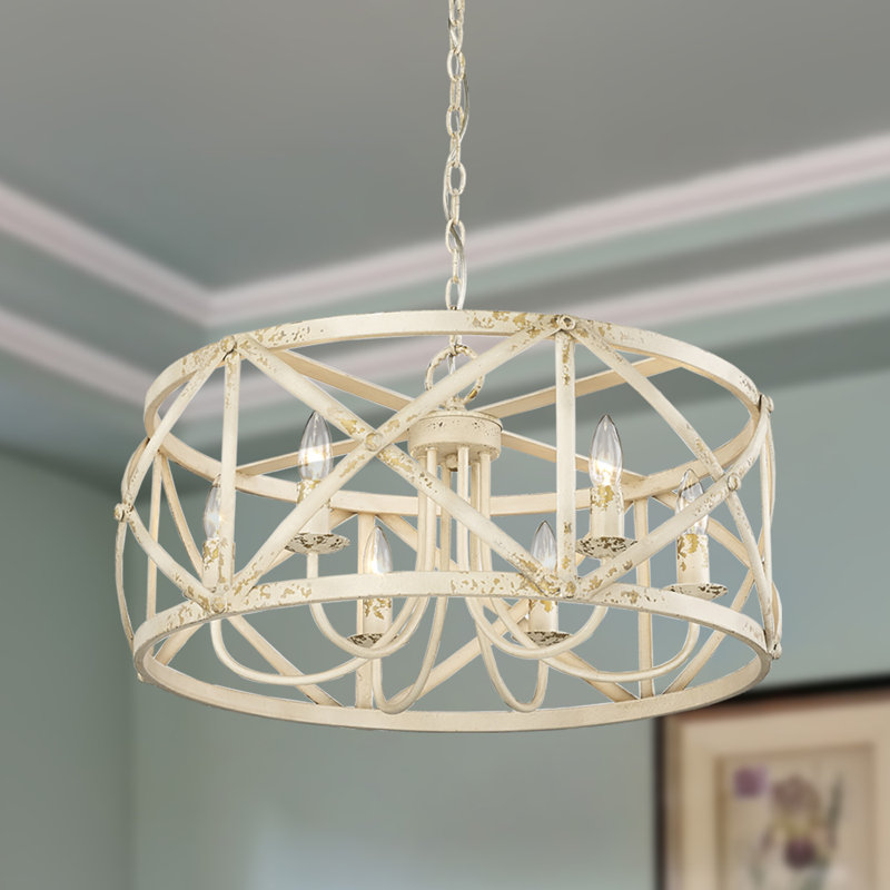 6 - Light Dimmable Lantern Drum Chandelier, Antique Ivory