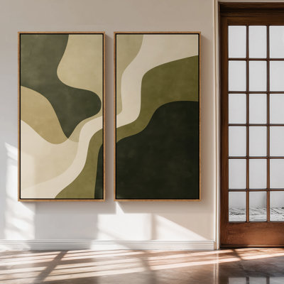 Olive Green Earthy Flow Abstract for Office - Set of 2 Framed Wall Art Print on Canvas 60"x30"x2pcs