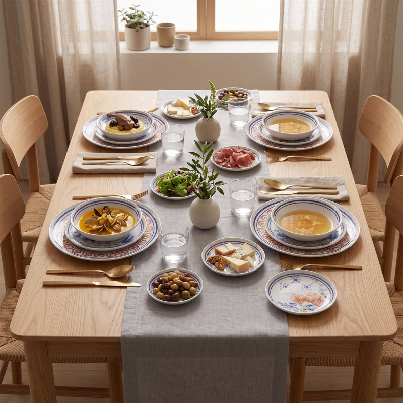 Service de table Greco-Roman Revival Blue & Terracotta Porcelain (service de 12 pièces pour 4 personnes)