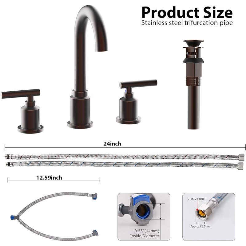 8 In Faucet for Sink 3 Hole , Brushed Gold Widespread Sink Faucet,with Stainless Steel Pop-up Drai, Black