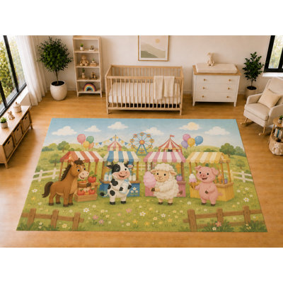 "Ultra Light Weight" Large 6'7 x 9'10 Farm Fair Animals Area Rug for Kids Room Nursery Playroom Soft Low Pile Indoor Carpet Cute Carnival Floor Decor