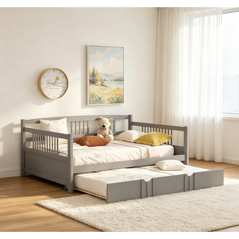 Lit de jour double en bois avec lit gigogne simple, gris, structure en pin robuste, conception peu encombrante, mobilier multifonctionnel pour les petits espaces