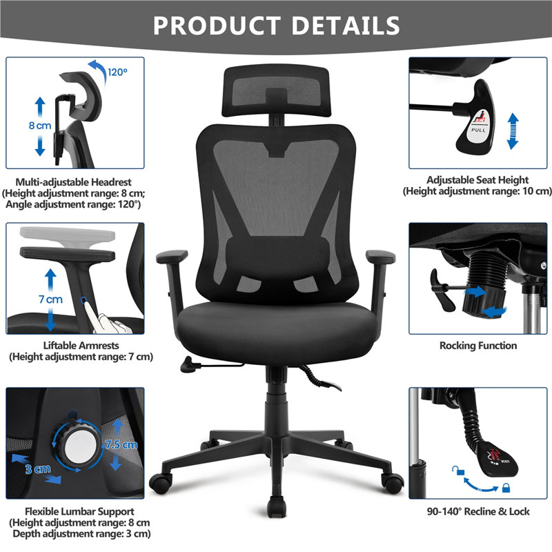 Office Chair with Headrest, Black
