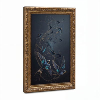 Art mural en toile noyer doré encadré pour salon, chambre à coucher, bureau ou vestibule - décoration murale décorative avec vol d'hirondelle