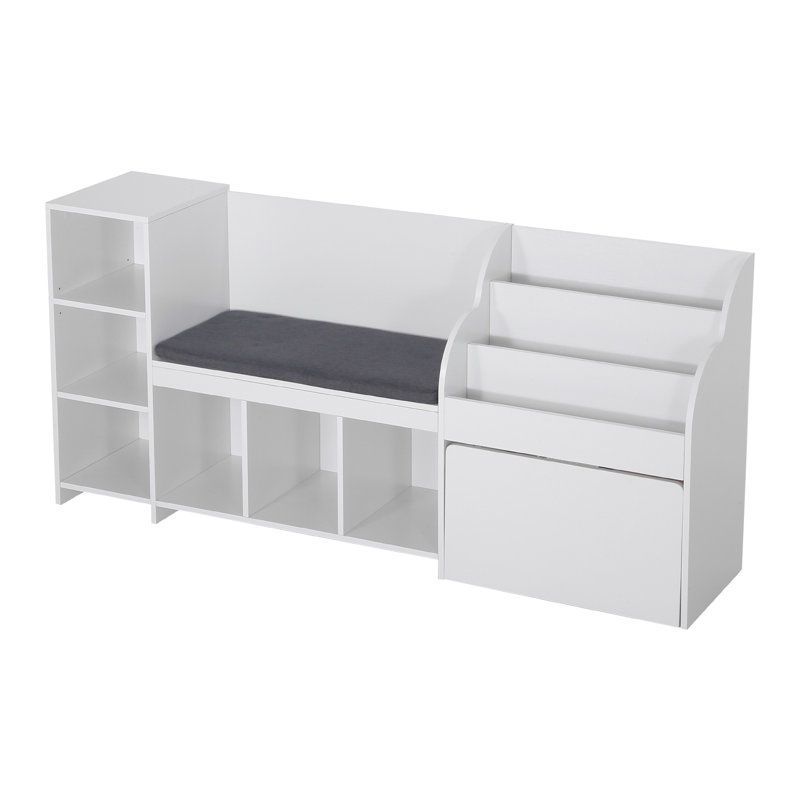 Banc de rangement pour enfants avec dossier, coffre de rangement pour jouets en bois blanc avec 6 compartiments, bibliothèque à 3 niveaux et tiroir, 66,9 x 15,8 x 31,5 po